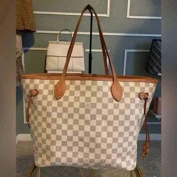 Louis Vuitton Damier Azur Rose Ballerine Neverfull MM Tote Bag - Picture 1 of 16